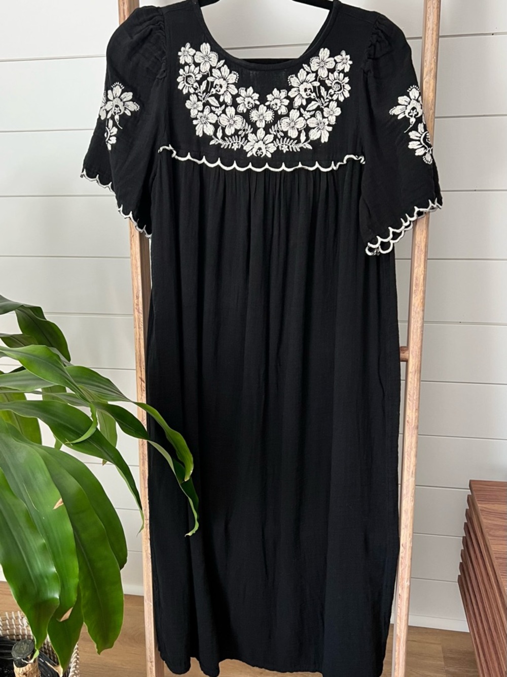 Old Navy Black Maxi Dress with White Floral Embroidery